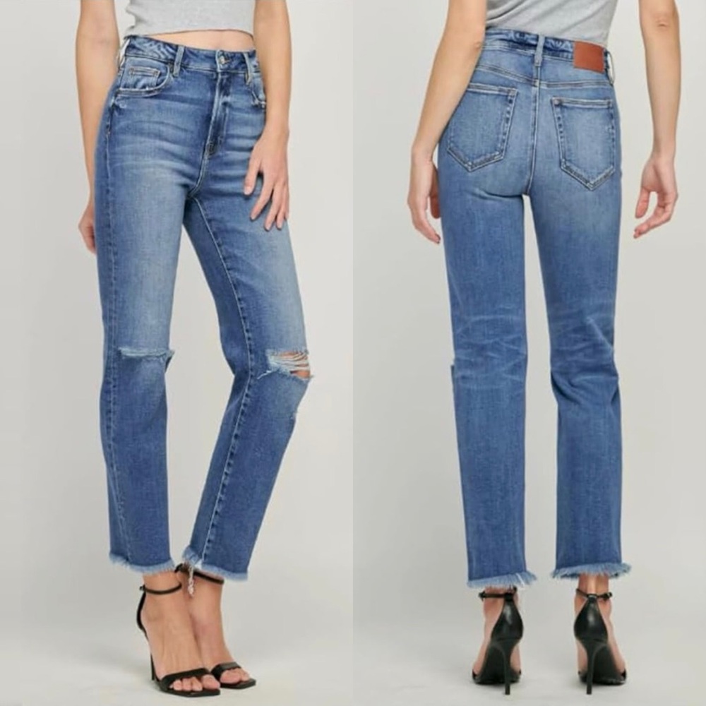HIDDEN Los Angles Straight Leg High Rise Dark Wash Distressed Denim Jean Size 31